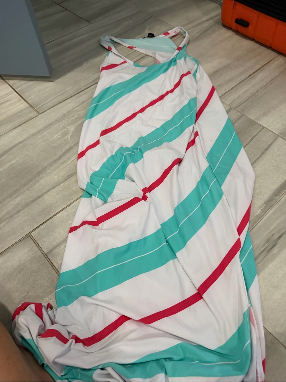 Love White One-Piece with Teal and Red Stripes